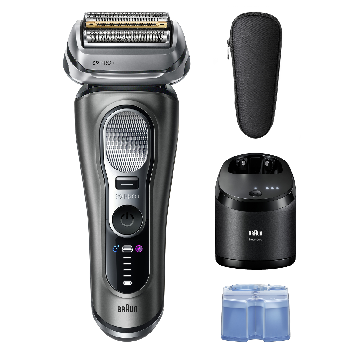 Braun S9 Pro+ electric shaver with charger, cleaning station, case, and cleaning solution. All black and silver.