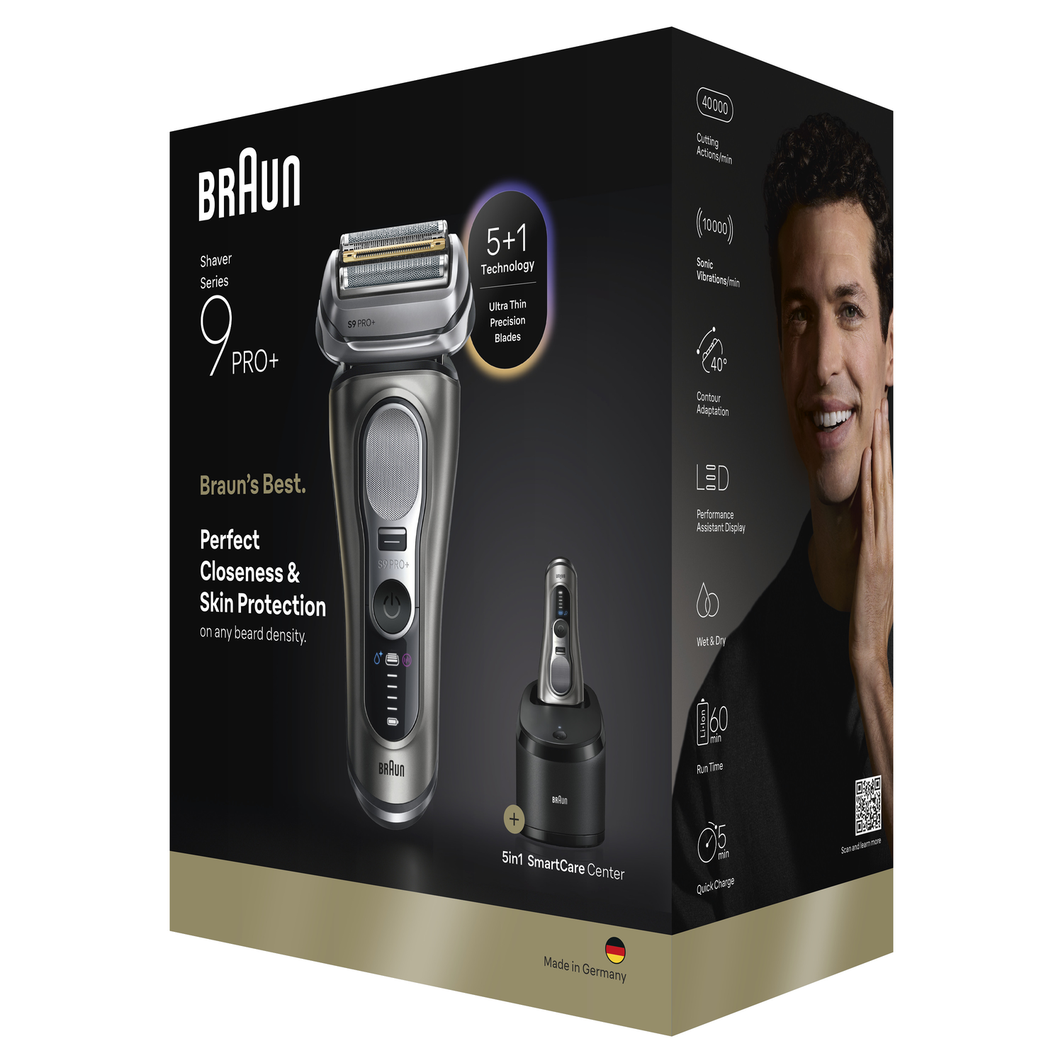 A Braun shaver box with a man's face. The box shows the shaver, a charging station, and features like 'Wet & Dry'.