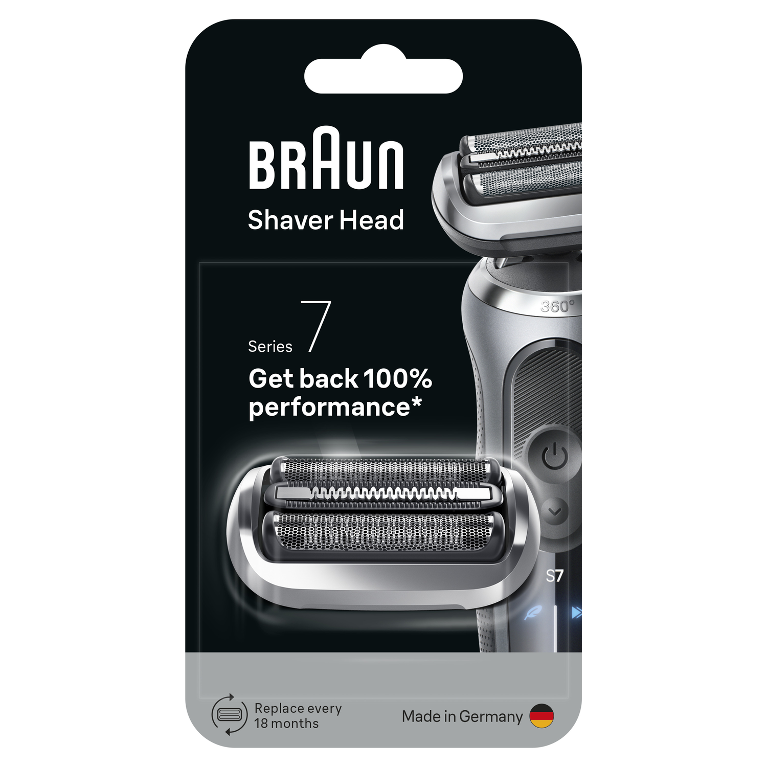 Braun shaver head package. Silver and black design with product details. Text includes 'Series 7' and 'Made in Germany'.