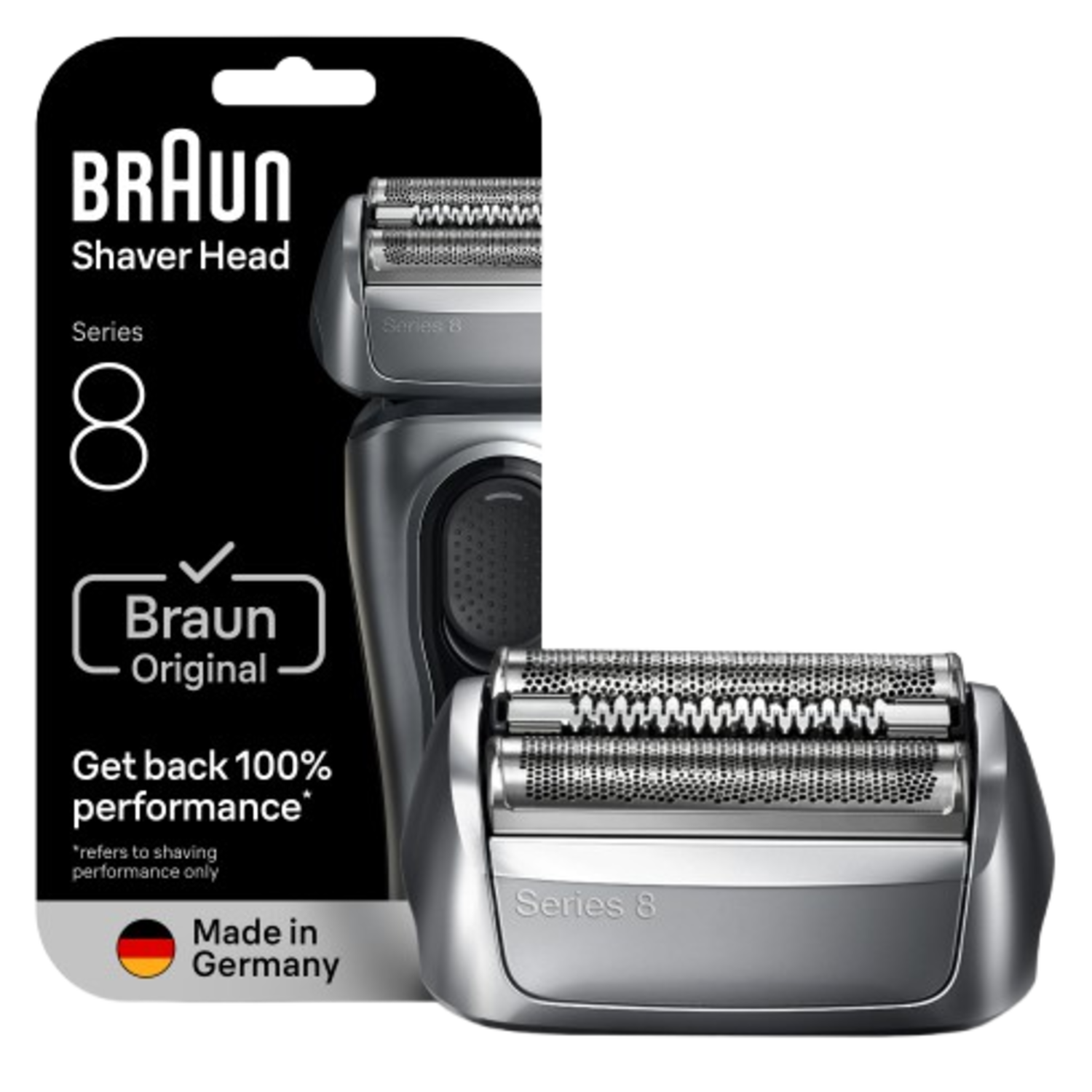 A Braun shaver head package. The package is black with white text and a silver shaver head. It says 'Series 8' and 'Made in Germany'.