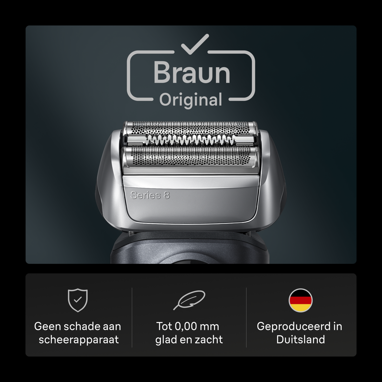 Een zilveren Braun Series 8 elektrische scheerapparaat met het Braun Original logo. Hieronder staan teksten in het Nederlands en een Duitse vlag.
