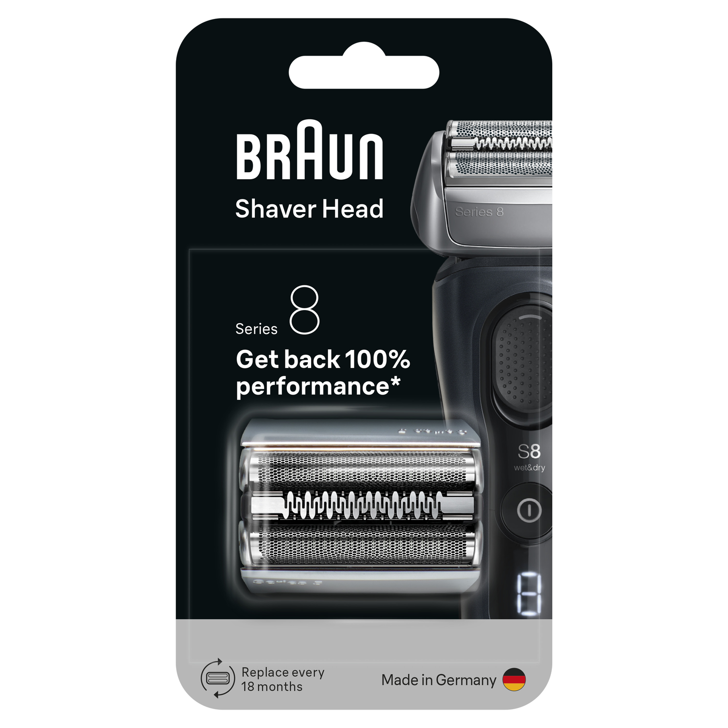 Emballage de tête de rasoir Braun Series 8, noir et argent. Comprend la tête de rasoir, les détails du produit et 'Made in Germany'.