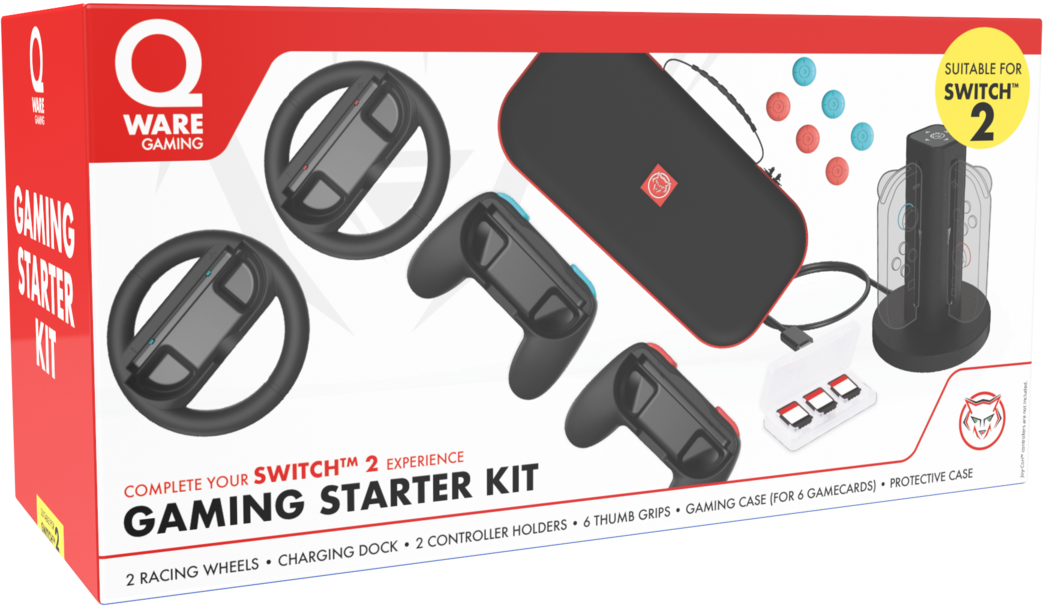 Kit de démarrage de jeu pour Switch 2. Comprend volants, station de charge, supports de manette, grips, étui et étui de protection.