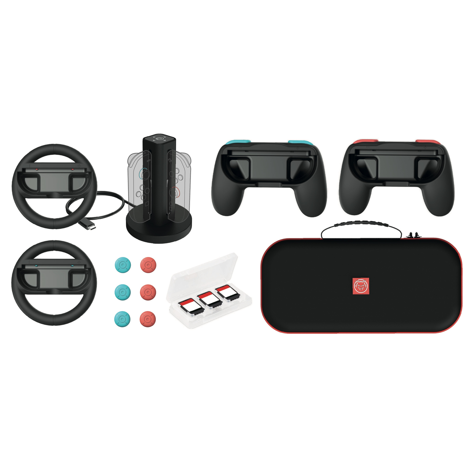 Plusieurs accessoires de jeu: volants, manettes, une station de recharge, capuchons de joystick, étui de cartes de jeu et étui de transport.