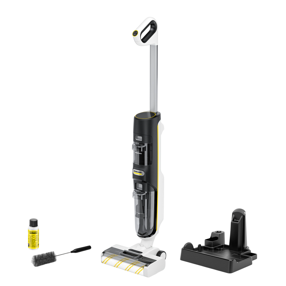 Ein weißer, schwarzer und gelber Kärcher-Staubsauger mit Zubehör, darunter eine Bürste, Reinigungslösung und eine Ladestation.