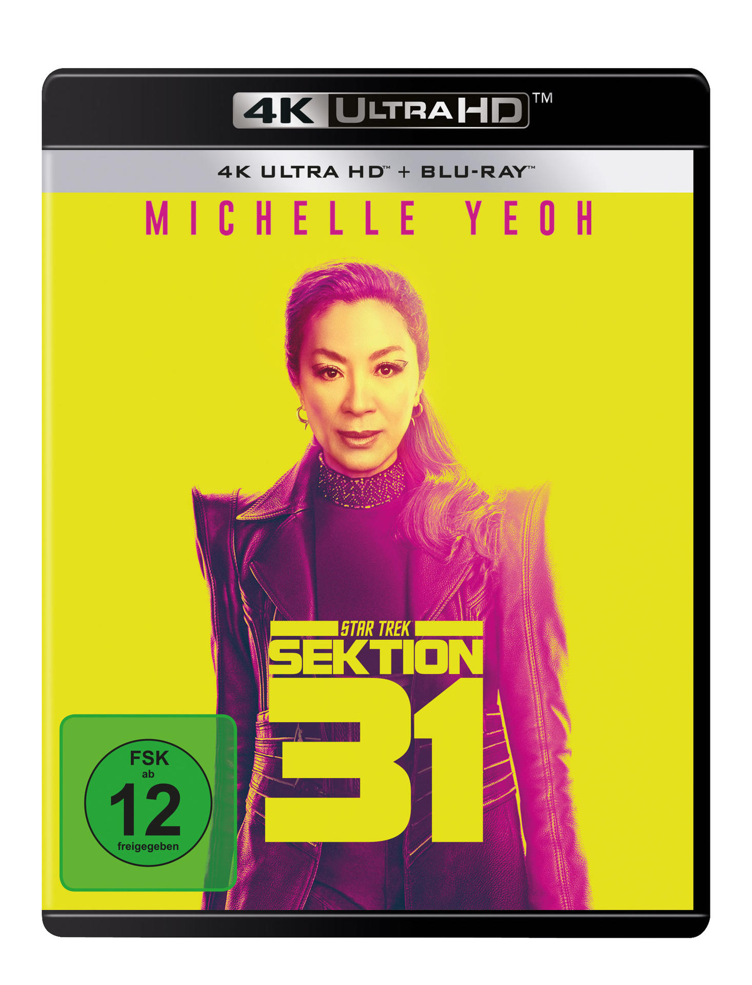 Filmcover mit Michelle Yeoh, Star Trek: Section 31. Gelber Hintergrund, schwarzer Rand, Bewertungssiegel und 4K Ultra HD Logo.