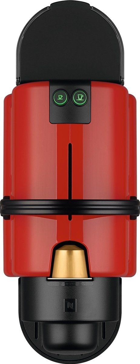 A red and black Nespresso coffee machine. The top is black, it has two green buttons. A gold coffee capsule is present.