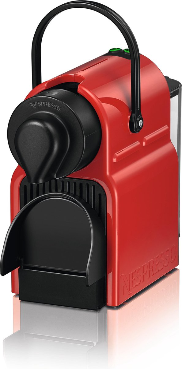 A red Nespresso coffee machine, with a black handle, spout, and tray. The brand name is visible.
