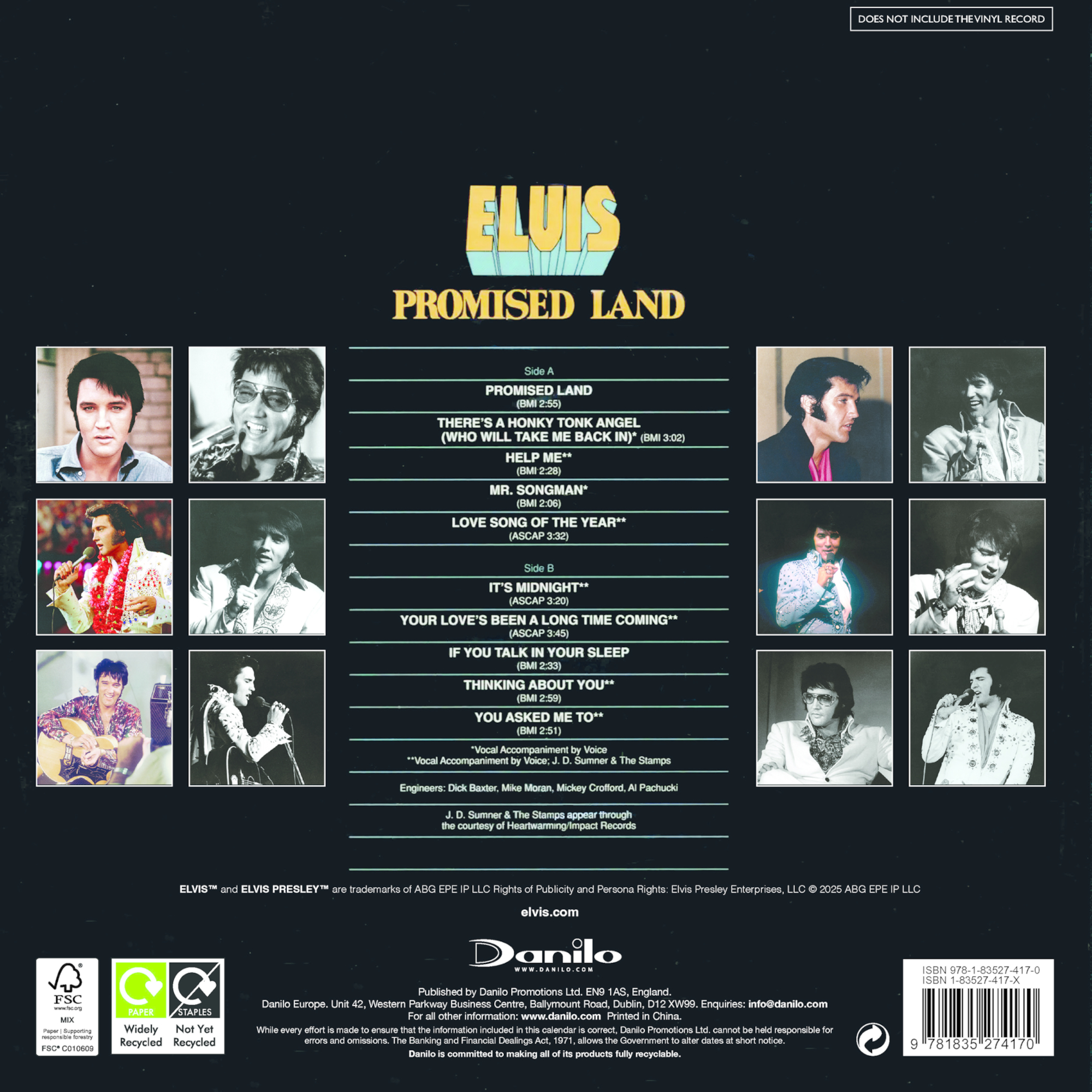 Album borító Elvis fotókkal. Cím: Promised Land. A számlista és az előadó adatai láthatók. Elvis különböző képei.