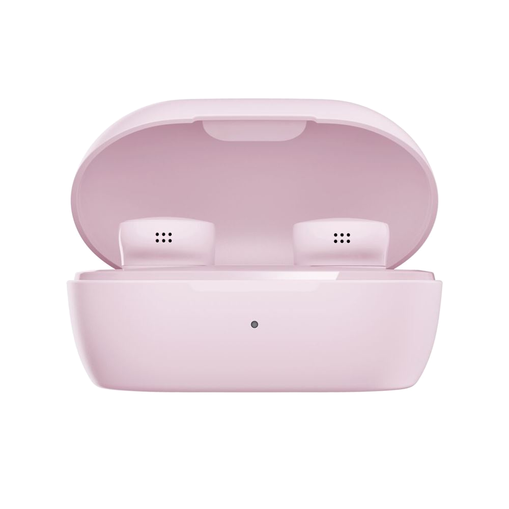 Różowe etui ładujące słuchawki, otwarte. Dwie słuchawki w środku. Czarne tło.