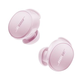 Dwa różowe słuchawki Bose na białym tle. Każda słuchawka jest owalna, z logo Bose.