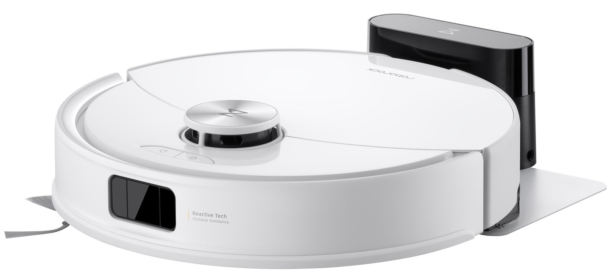 Biały odkurzacz robot z czarną stacją ładującą. Ma srebrny wierzch i czujnik.