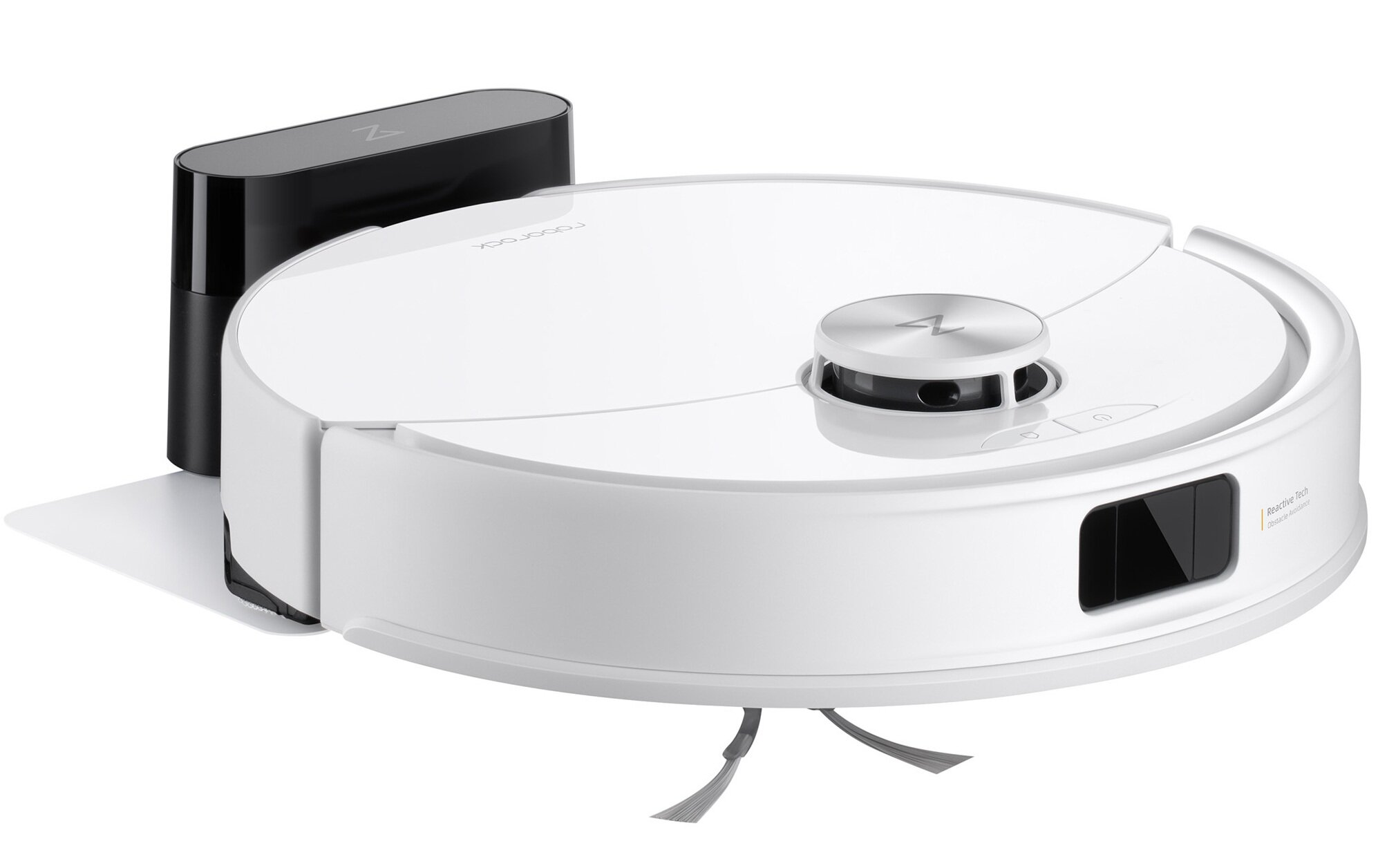 Biały i czarny robot odkurzający ze stacją ładującą. Ma okrągły kształt z centralnym czujnikiem i szczotkami.