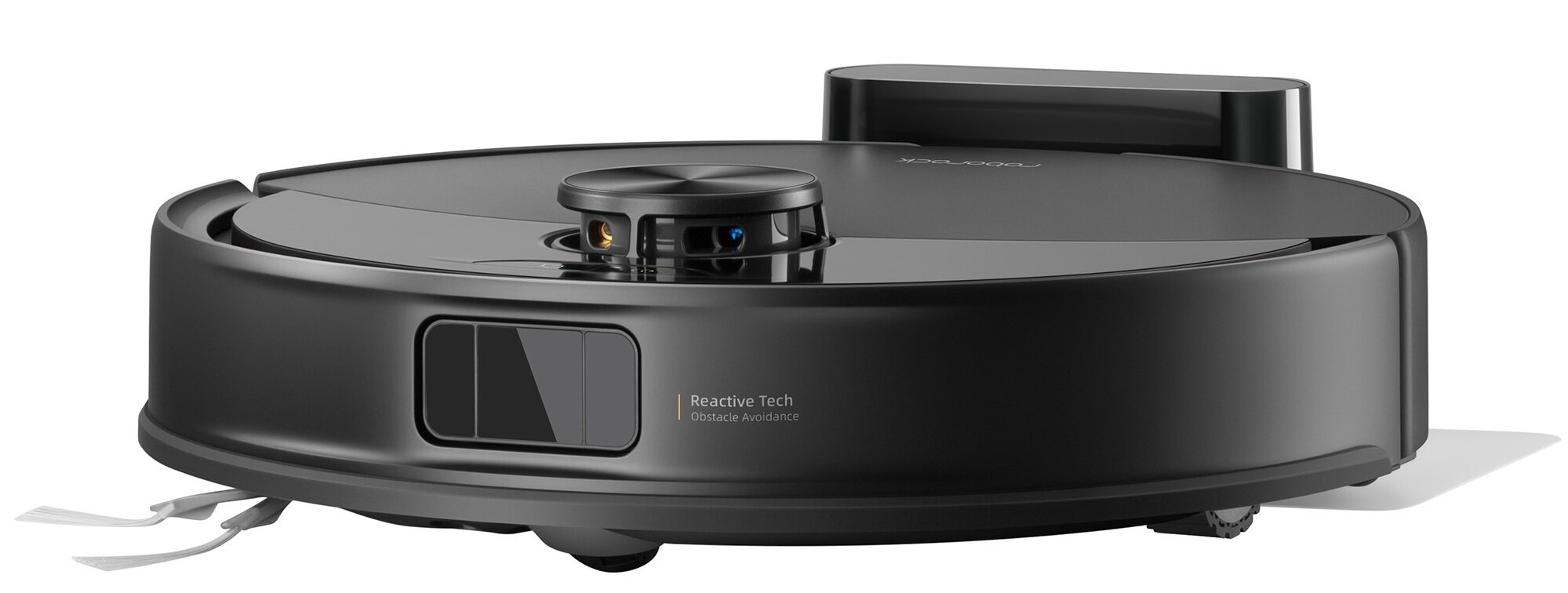 Czarny robot odkurzający z okrągłym korpusem i prostokątnym blatem, z Reactive Tech Obstacle Avoidance.