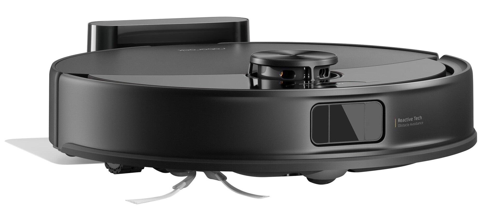 Czarny robot odkurzający, z okrągłą górą i czujnikiem. Ma dwie szczotki. Napis: Reactive Tech Obstacle Avoidance.