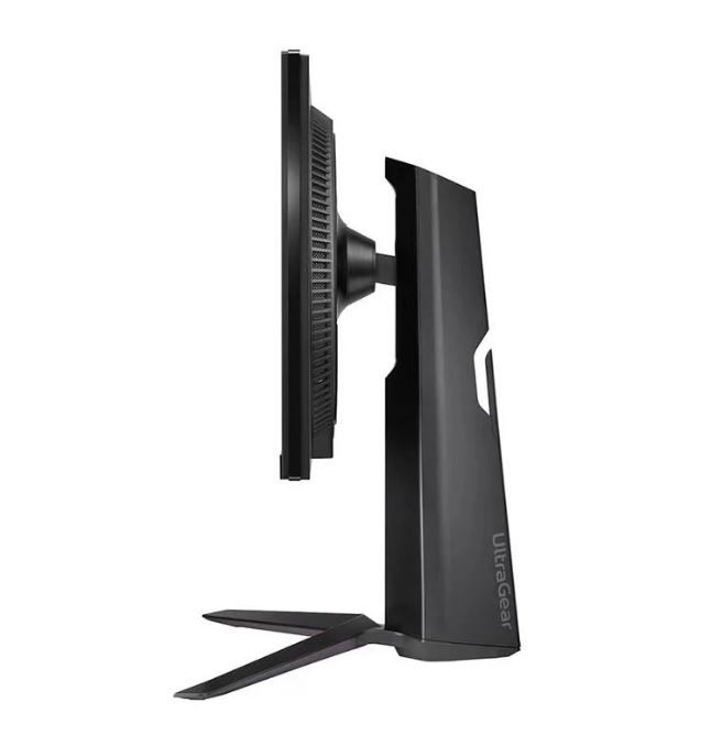 Siyah bir bilgisayar monitörünün yan görünümü. İnce bir çerçeveye ve bir standa sahiptir. "UltraGear" marka adı görünür.