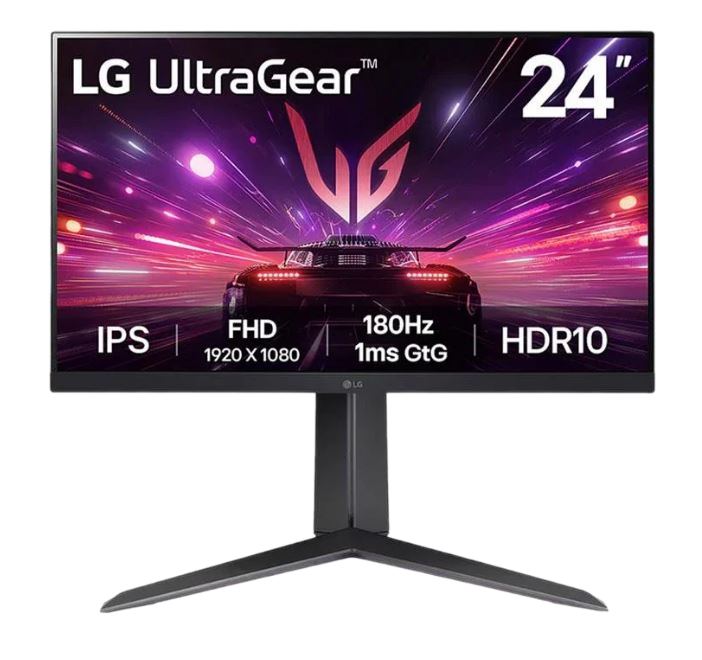 LG UltraGear 24" monitör. Ekran, bir araba yarışı sahnesi gösteriyor. Özellikler arasında IPS, FHD, 180Hz, 1ms GtG ve HDR10 bulunur.