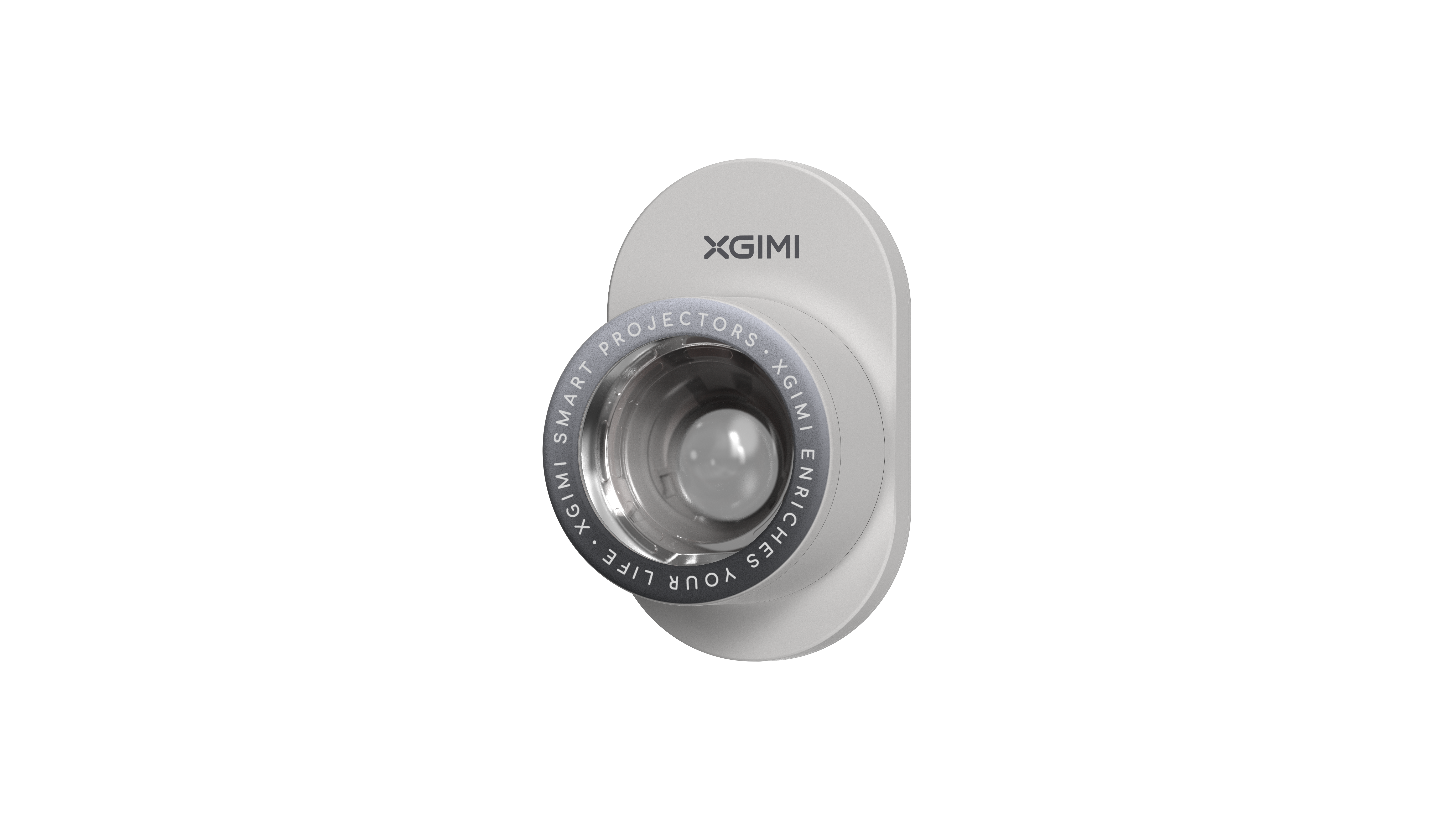 Beyaz bir XGIMI akıllı projektör. Lens ortada, etrafında metin var. Siyah zemin.