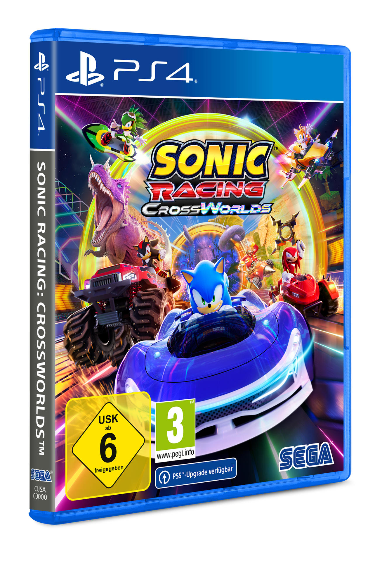 Sonic Racing: Crossworlds-Spielcover. Sonic in einem Auto, Charaktere fahren Rennen. Dinosaurier und verschiedene Fahrzeuge.