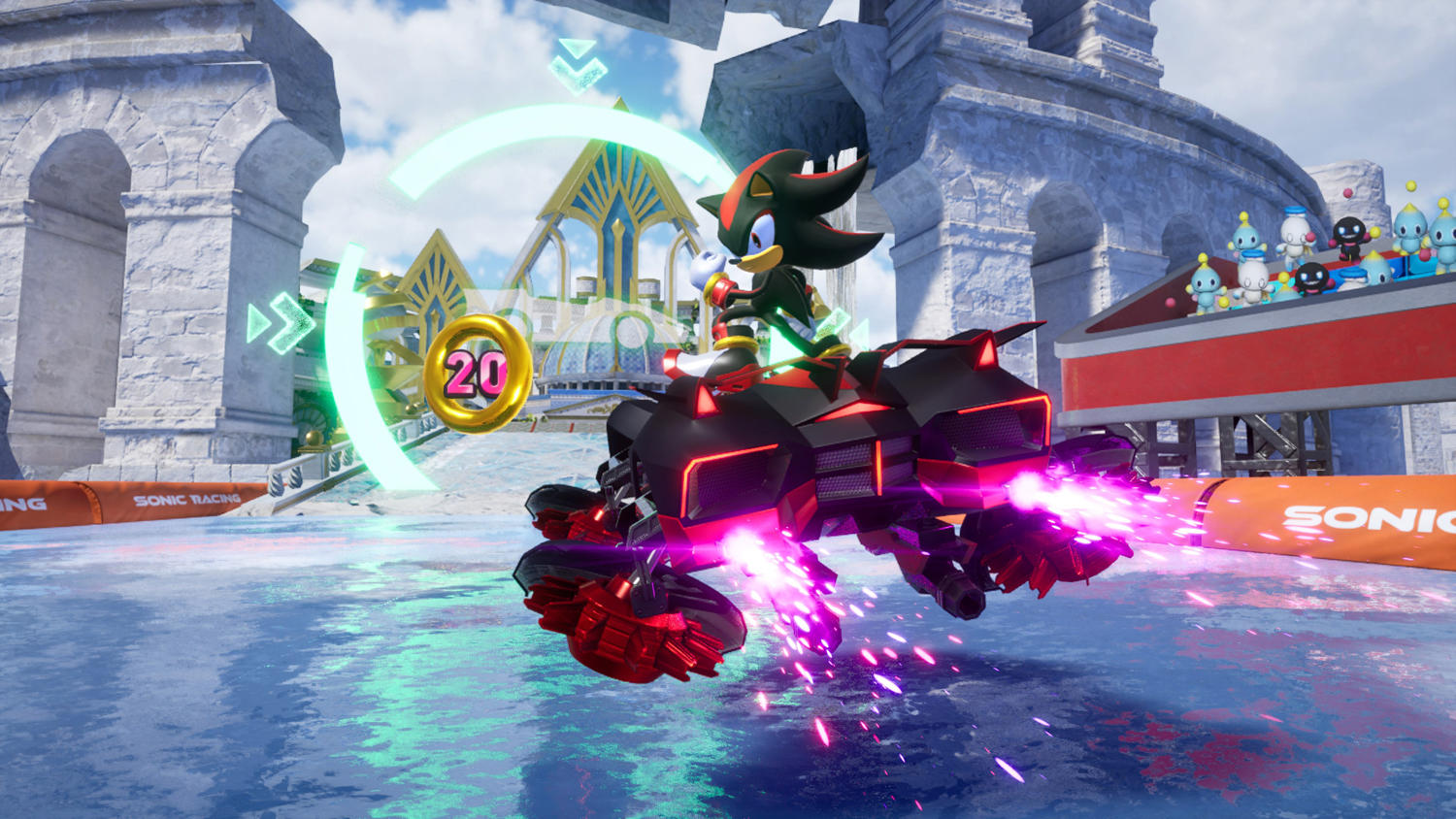 Shadow the Hedgehog auf einem Rennfahrzeug. Es ist ein Sonic Racing-Spiel. Im Hintergrund sind Torbögen und ein goldener Ring mit der Zahl 20.