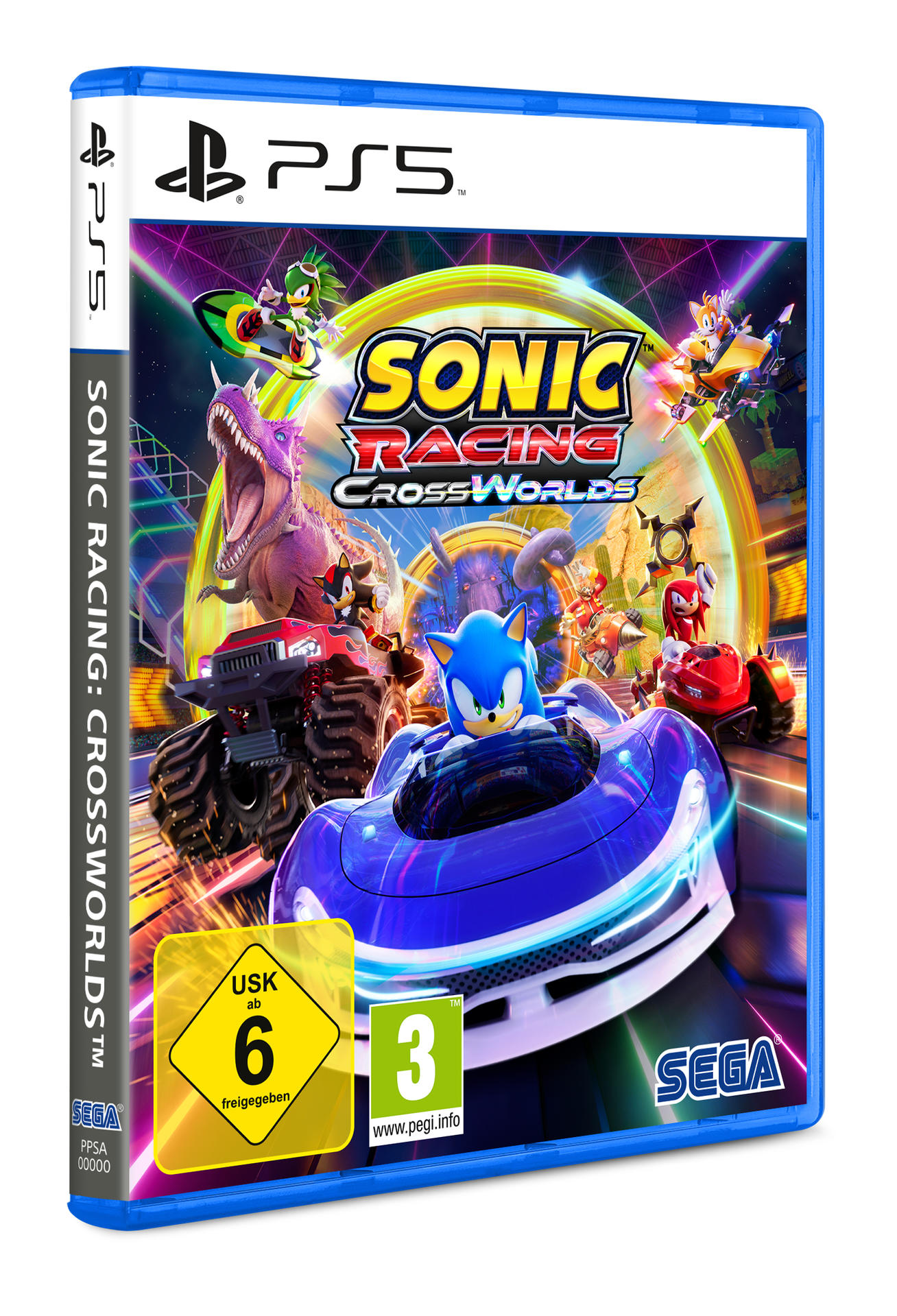 Spielverpackung für Sonic Racing Crossworlds mit Sonic in einem Rennwagen. Charaktere fahren in verschiedenen Fahrzeugen.