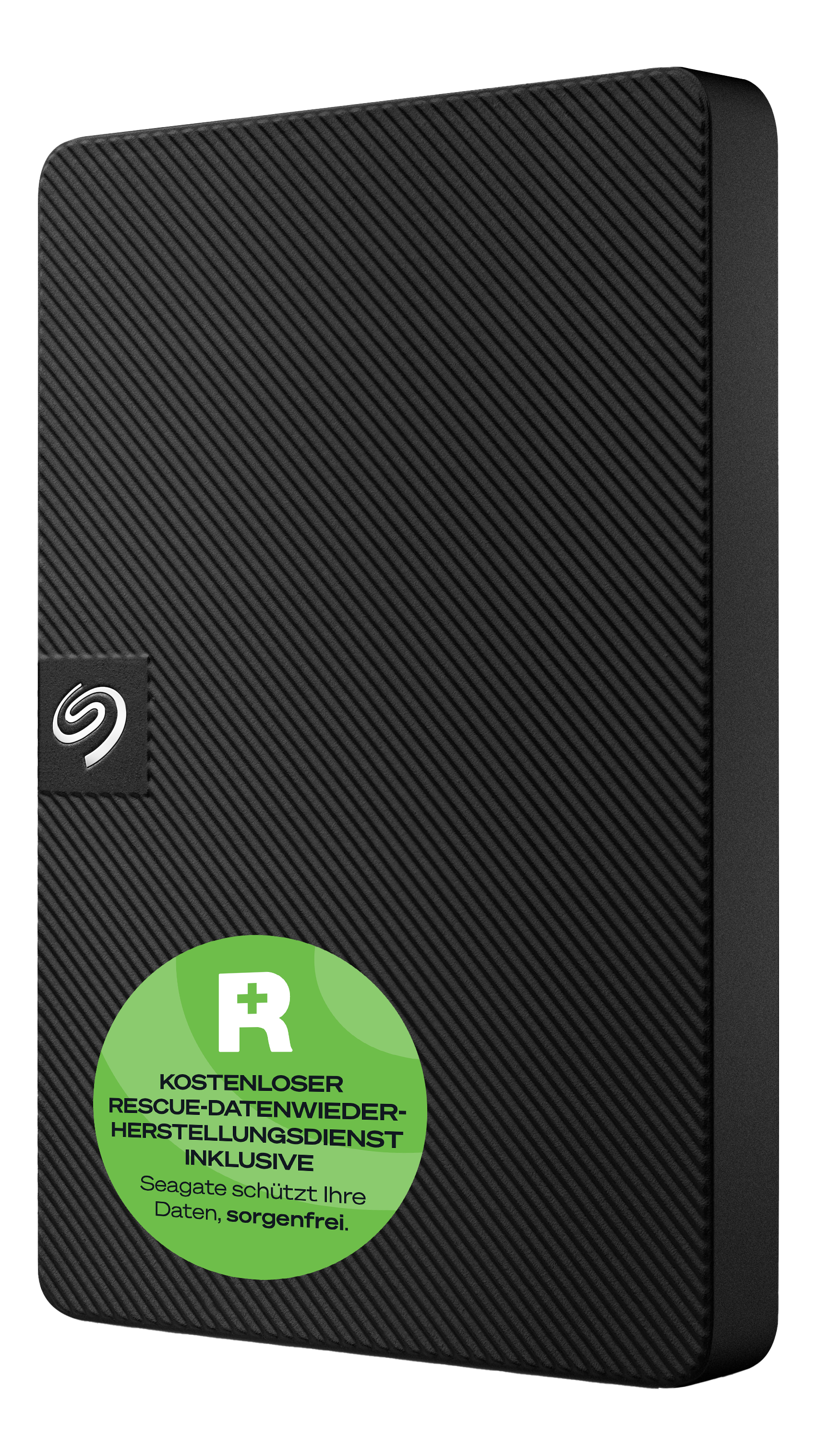 Disco rigido esterno Seagate nero. Superficie strutturata diagonale. Include un adesivo verde con testo e una 'R' bianca.