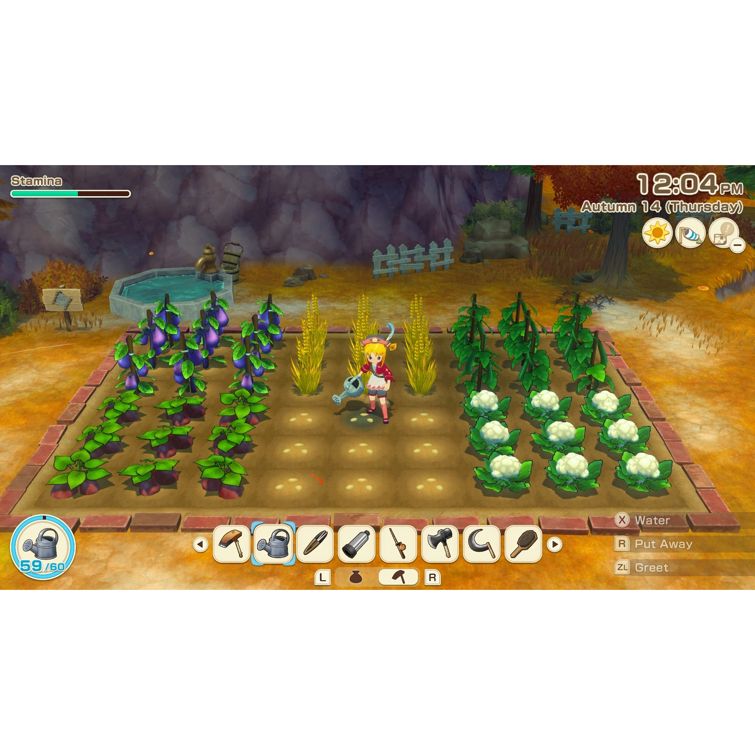 Een game-scène toont een boer die gewassen water geeft. Aubergines, tarwe en bloemkool groeien in een tuin. Een vijver is op de achtergrond.