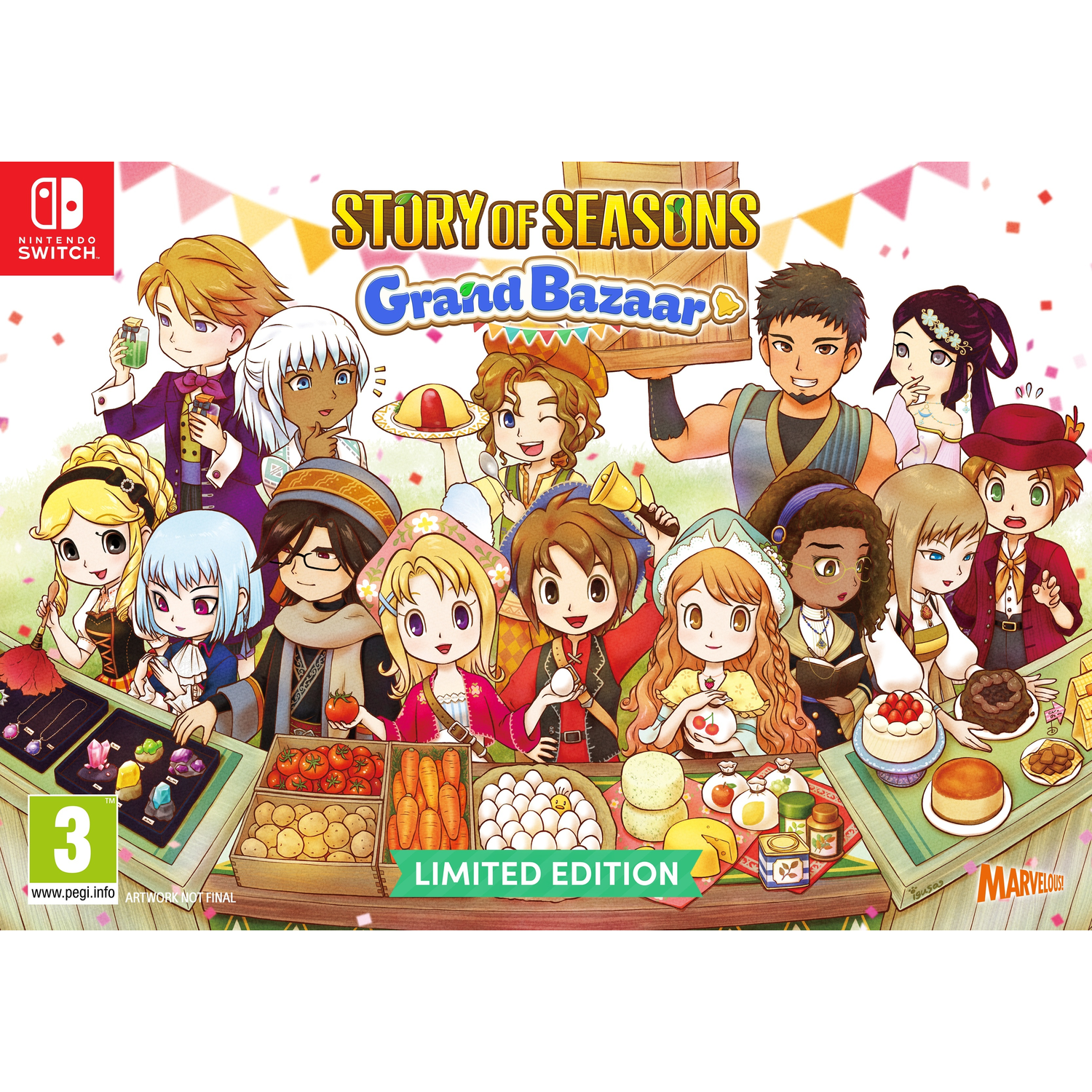 Illustration de Story of Seasons: Grand Bazaar. Montre des personnages de style anime, des aliments et le logo Nintendo Switch.