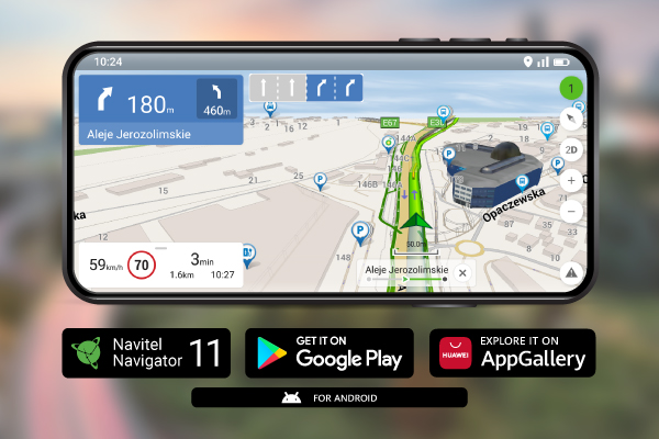 Okostelefon képernyő navigációs térképpel. Utakat, épületeket és sebességkorlátozást mutat.
