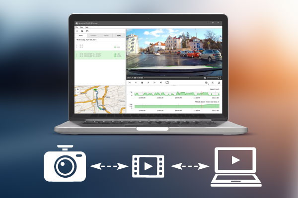 A laptopon egy vezetési videó, térkép és adatábrák láthatók. Kamera, videó és laptop ikonok nyilakkal vannak összekötve alul.