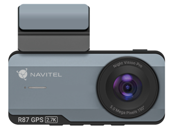 Egy szürke Navitel R87 GPS 2.7K fedélzeti kamera. Van rajta egy lencse, Night Vision Pro, és egy kijelző. A tetején egy szürke téglalap van.