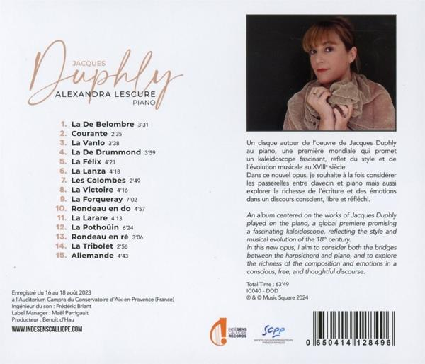 CD-Cover mit Foto einer Frau, Albumtitel, Titelliste und französischem Text. Das Album handelt von der Musik von Jacques Duphly.