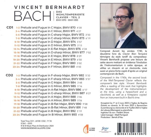 CD-Cover für Vincent Bernhardts Bach-Album. Enthält Titellisten und ein Porträt des Künstlers.