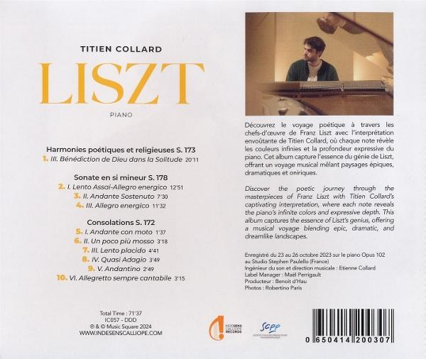 Albumcover mit Text, ein Bild eines Mannes am Klavier und eine Liste der Lieder von Liszt, gespielt von Titien Collard.