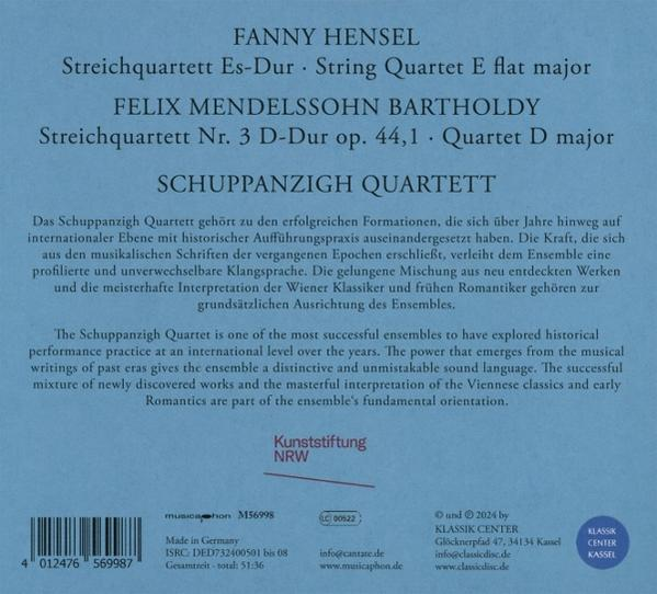 Text auf blauem Hintergrund. Enthält Texte über Fanny Hensel, Felix Mendelssohn und Schuppanzigh Quartett.