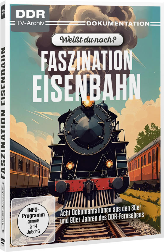Ein alter Zug auf einem DVD-Cover. Der Titel lautet 'Faszination Eisenbahn'. Zwei Züge auf Gleisen mit bewölktem Himmel.