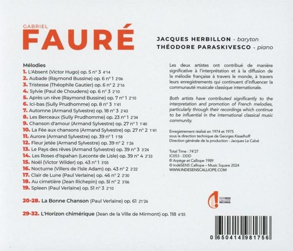 Albumcover für Gabriel Fauré, mit Text mit Titeln, Künstlern und einem Logo.