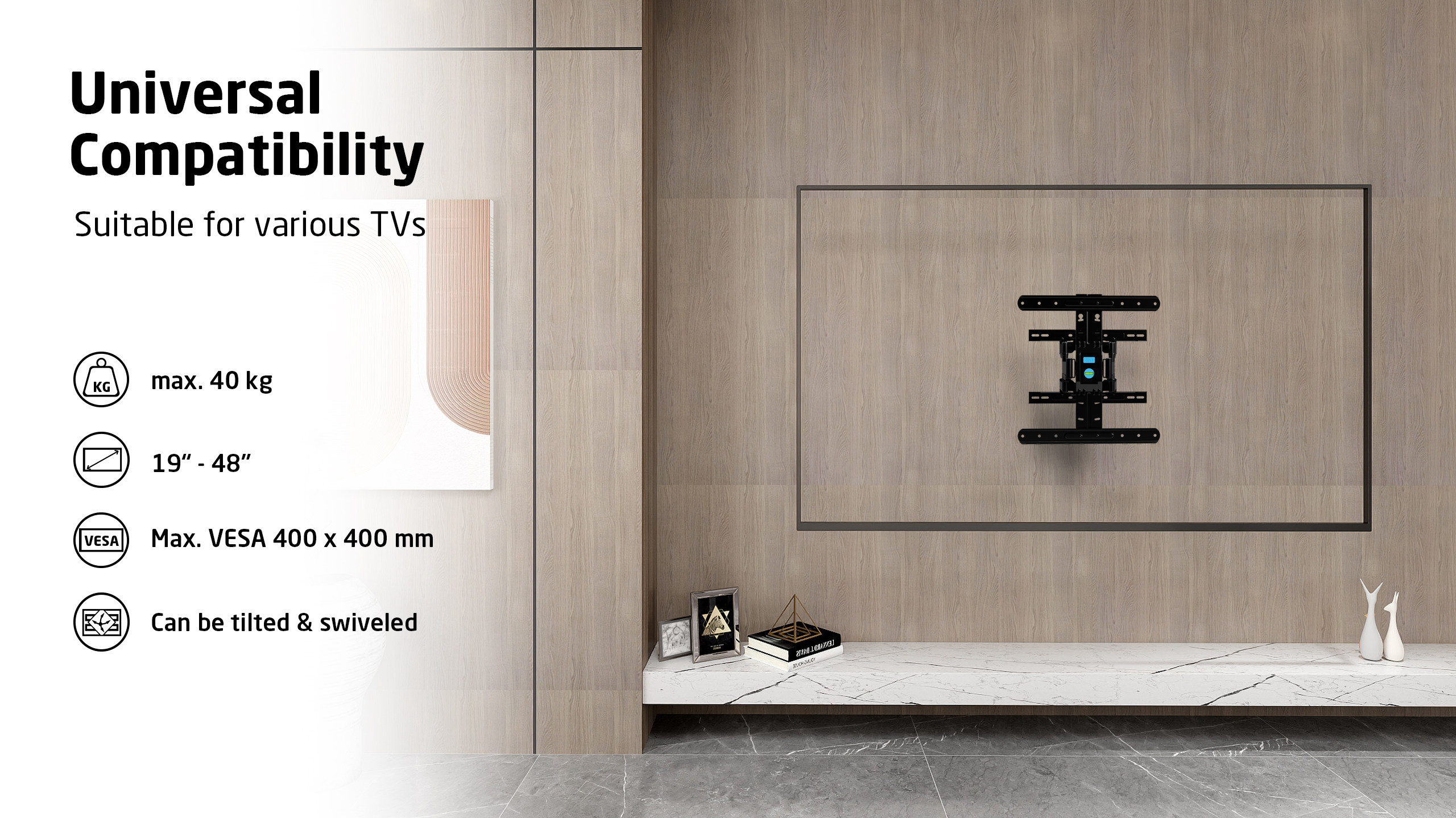 Widoczny uchwyt ścienny do telewizora, zamontowany na jasnym panelu drewnianym. Informacje: maks. 40 kg, 19-48 cali, VESA 400x400 mm.