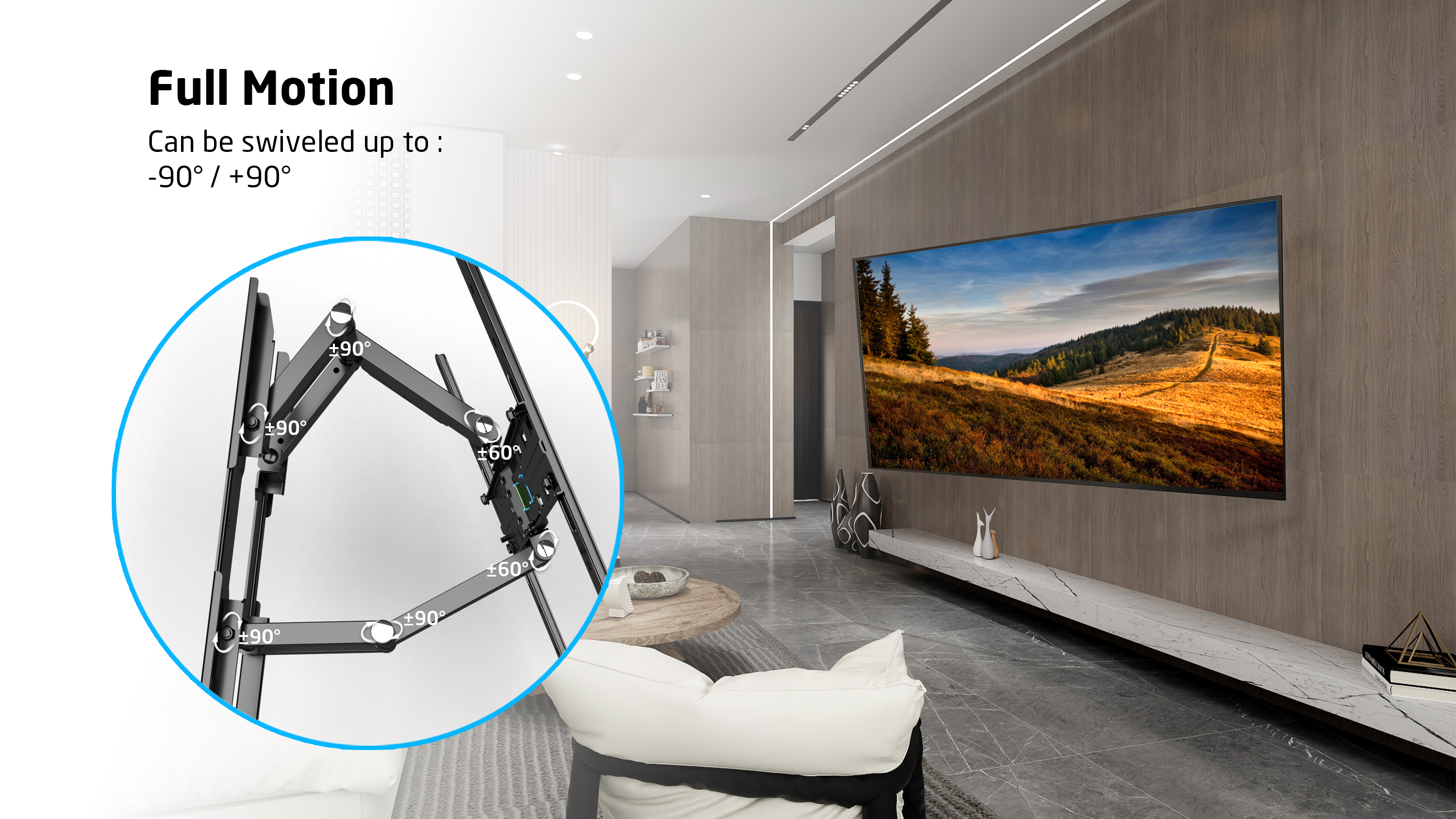 Telewizor na uchwycie ściennym, obracany do 90 stopni. Salon z sofą, stolikiem kawowym i dekoracjami.