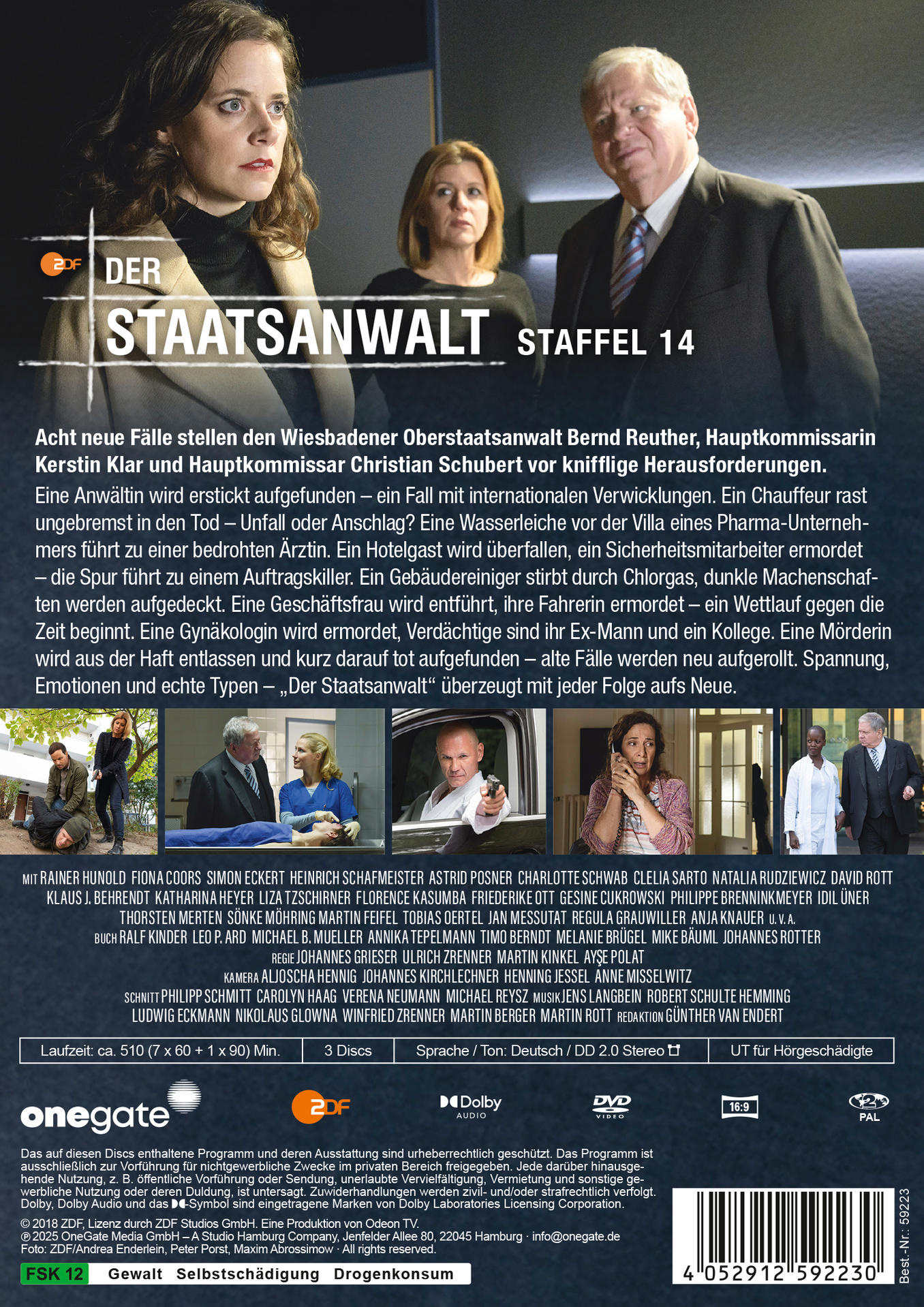 Plakat für eine Fernsehsendung. Zeigt Schauspieler und Text: "Der Staatsanwalt Staffel 14". Enthält Logos und Credits.
