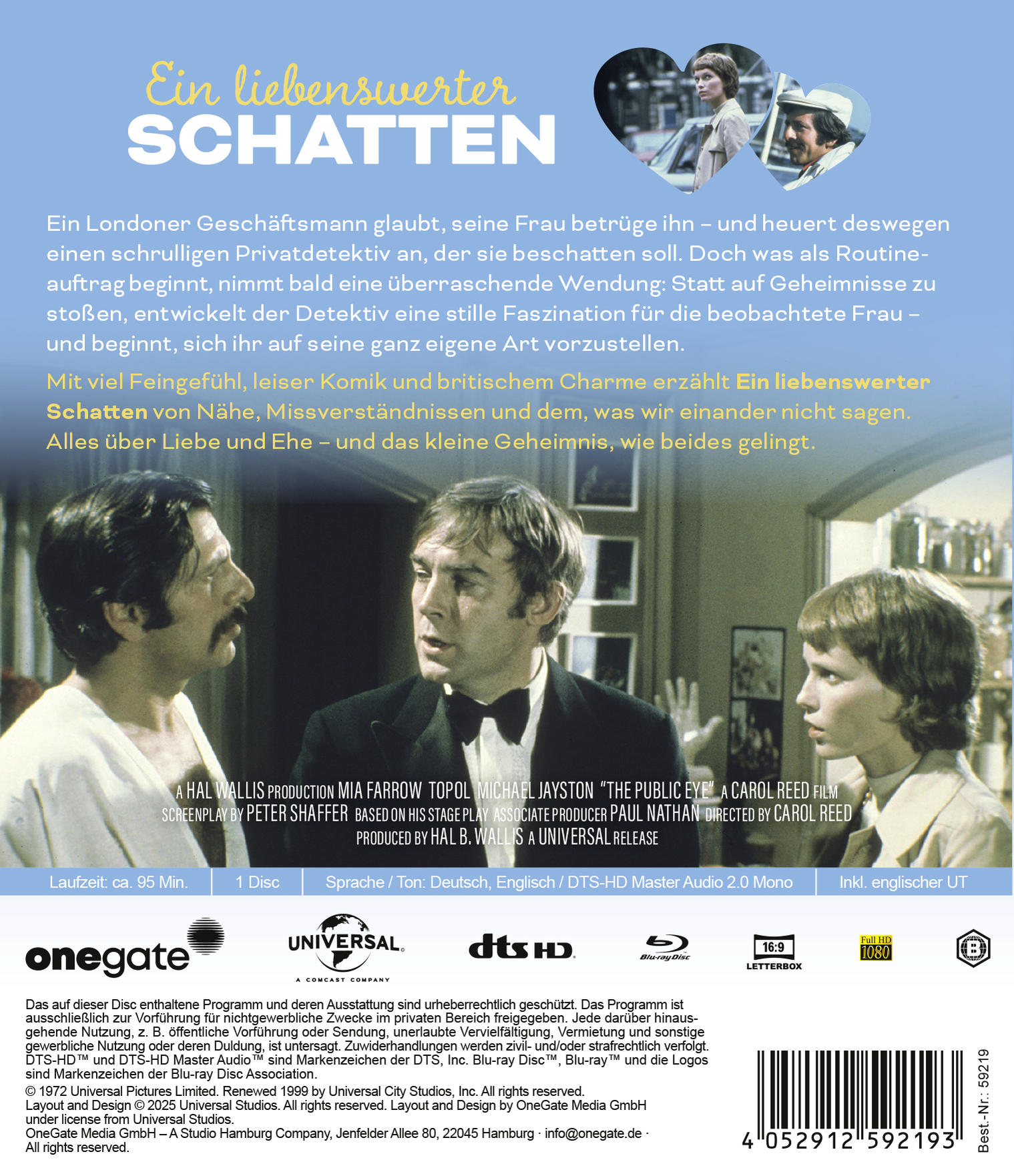 Filmposter mit Schauspielern. Text auf Deutsch, Filmtitel: 'Ein liebenswerter Schatten'. Logos von Universal, DTS-HD, Blu-ray und Onegate Media.