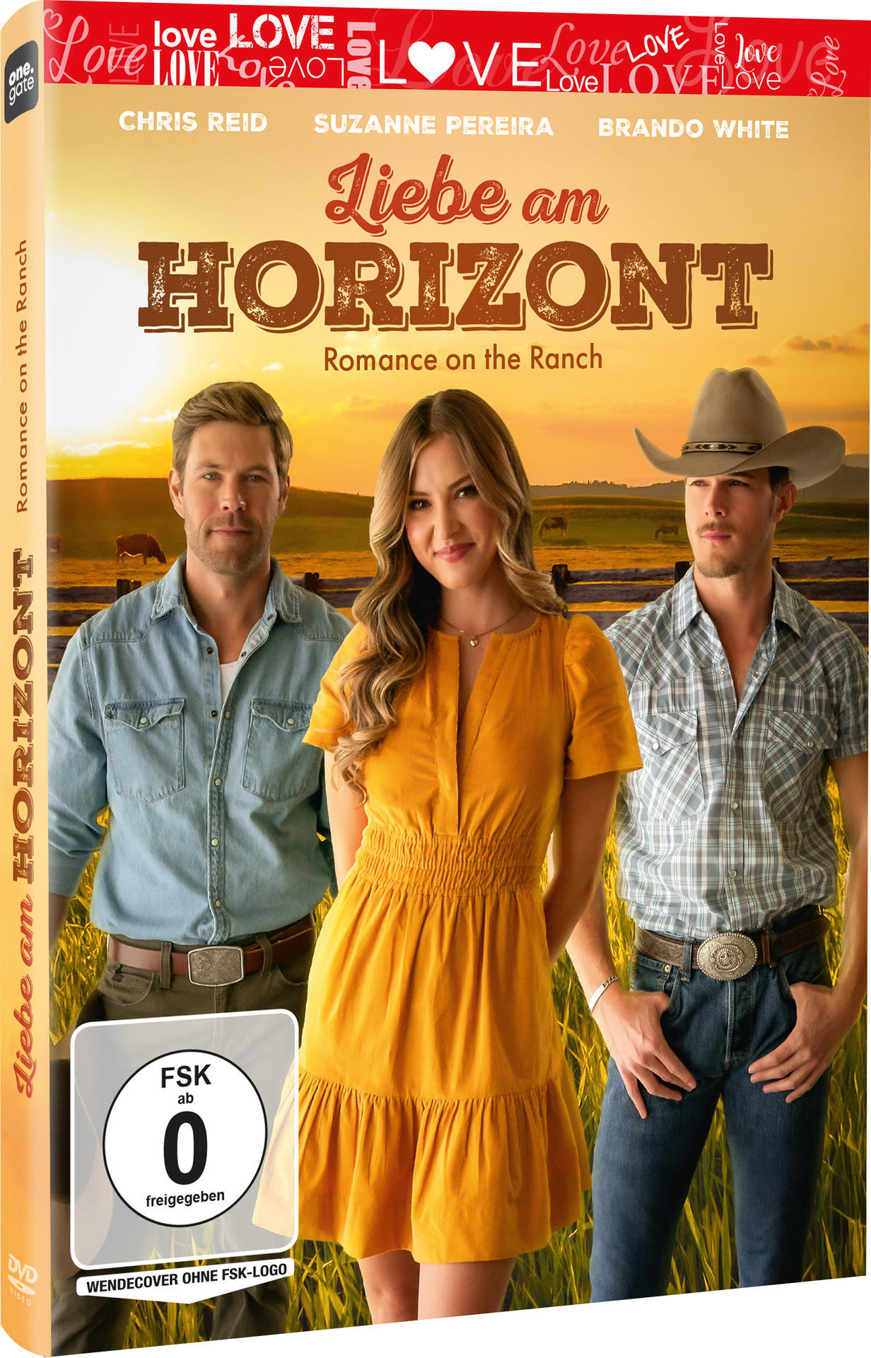 Filmcover: Drei Personen auf einer Ranch. Eine Frau in gelbem Kleid steht zwischen zwei Männern. Text: Liebe am Horizont, Romance on the Ranch.