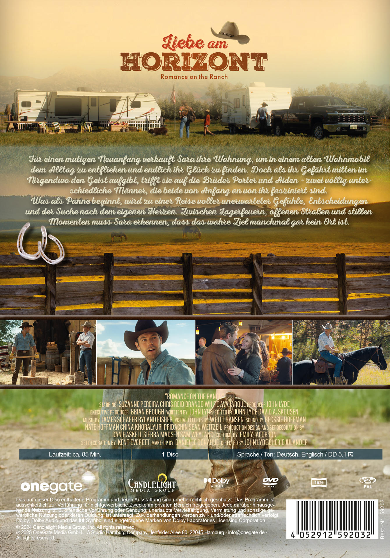 Filmcover mit Ranchszene. Text sagt 'Liebe am Horizont', 'Romance on the Ranch'. Wohnwagen und Personen sind sichtbar.