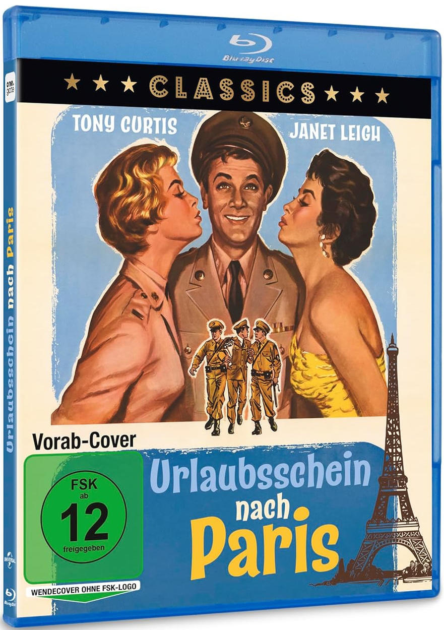 Filmcover für 'Urlaubsschein nach Paris'. Zeigt Tony Curtis, Janet Leigh, einen Soldaten und den Eiffelturm.