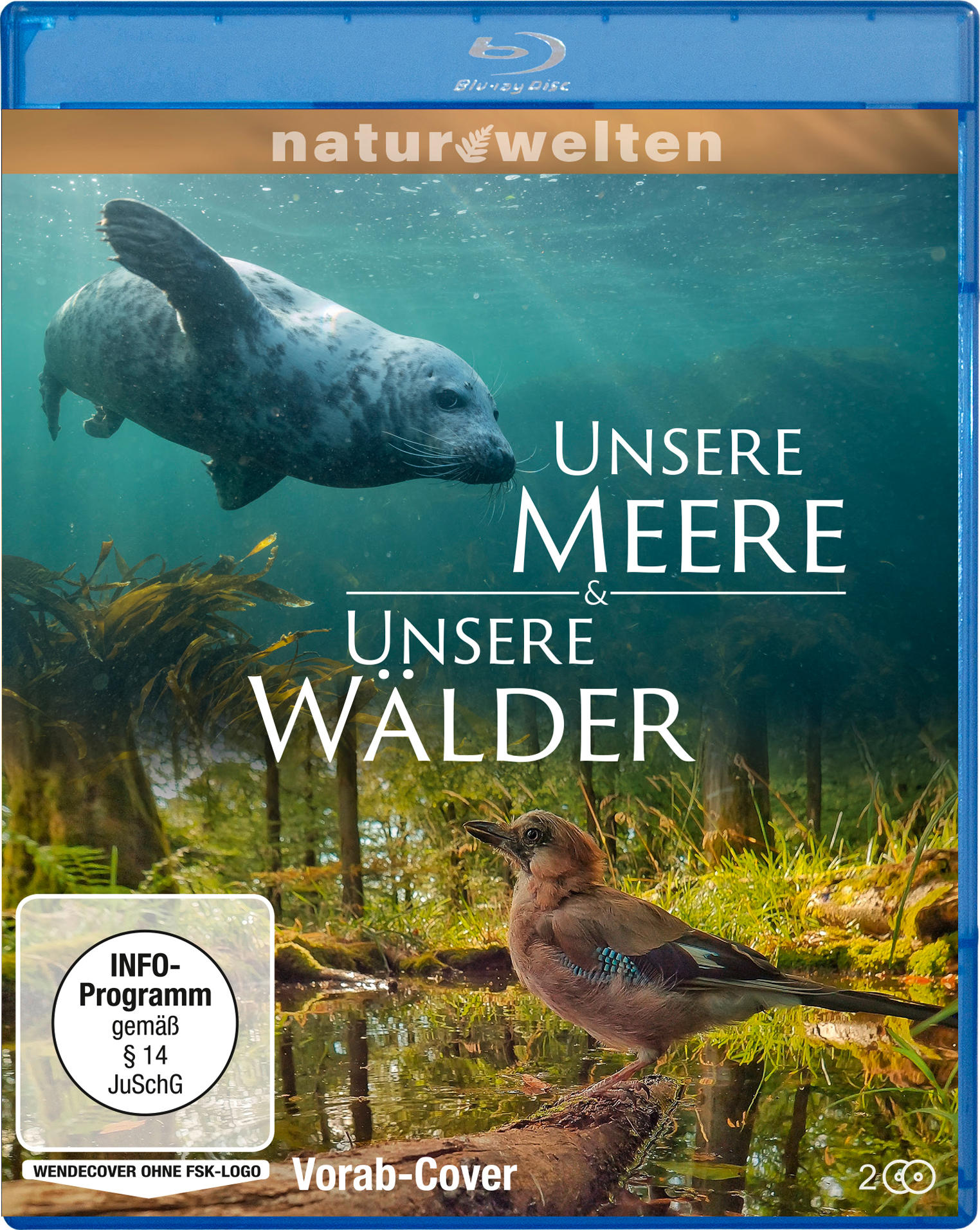 Blu-ray-Cover mit Seehund unter Wasser und Vogel auf einem Baumstamm, Text 'Unsere Meere & Unsere Wälder'.