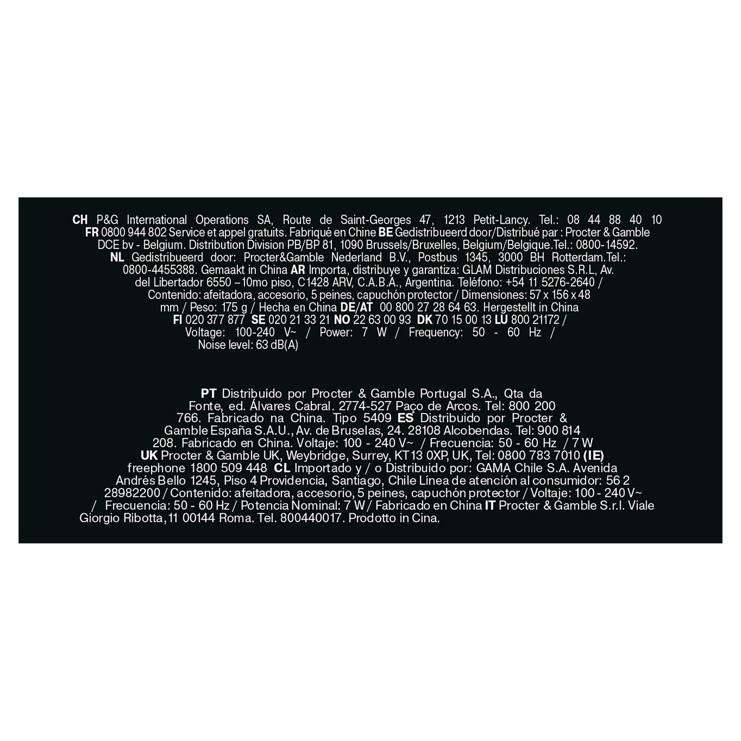 Text on a black background. It contains contact information, product details, and manufacturing information.