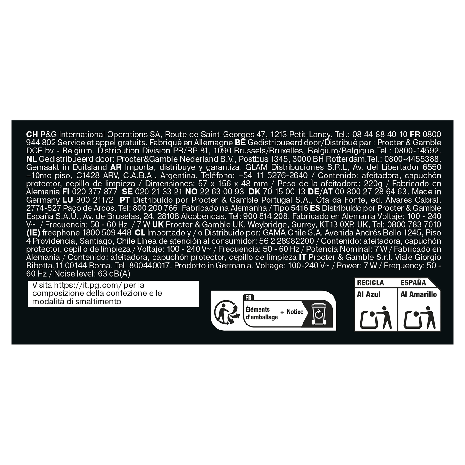 Text on a black background with recycling symbols and product information.