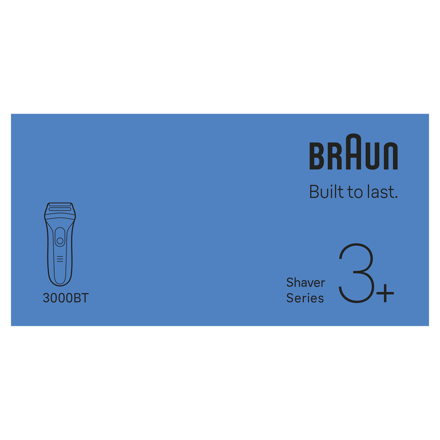 Blue background with Braun logo, shaver illustration, and product details. Text: Built to last. Shaver Series 3+.