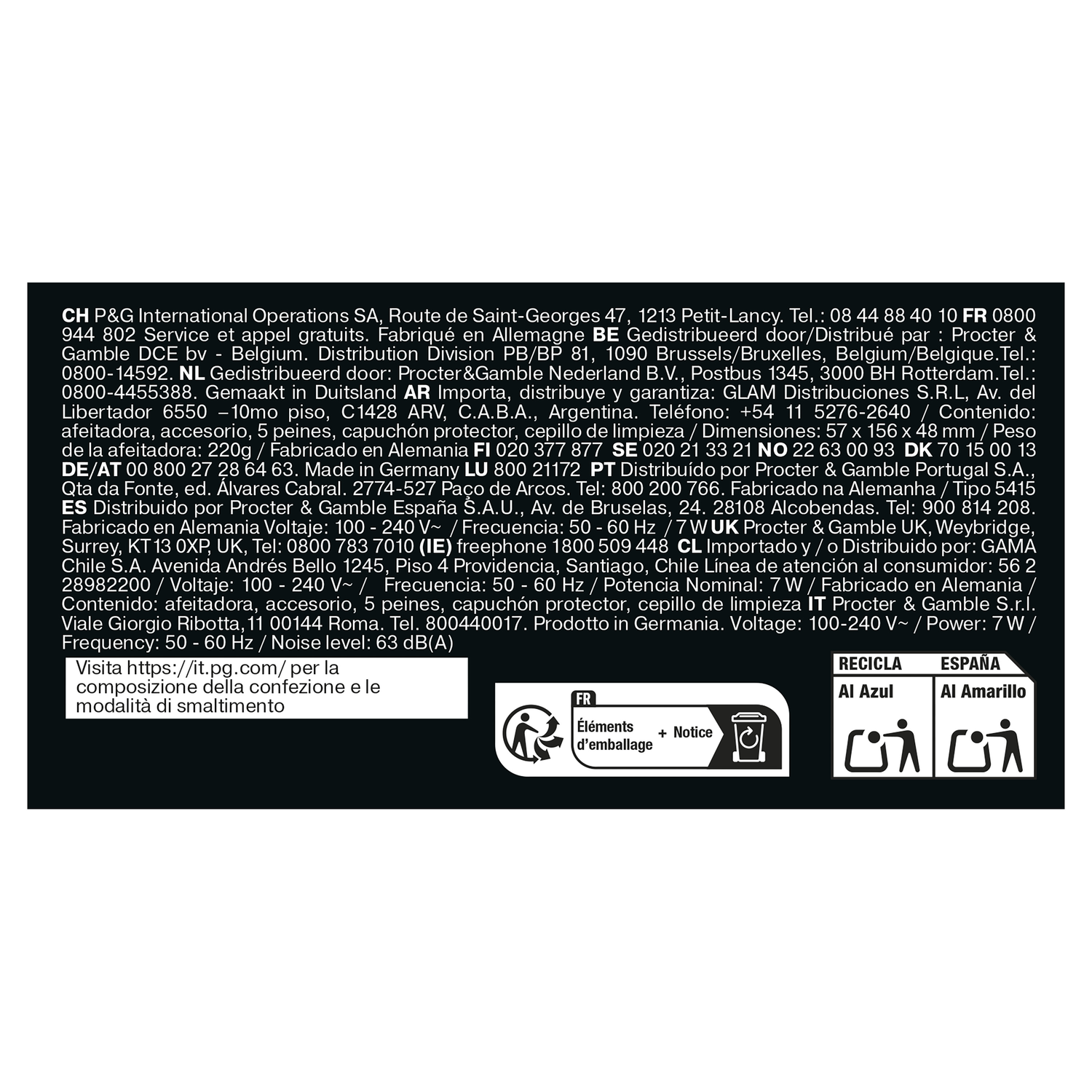 Text and icons on a black background. Text includes product information. Icons indicate recycling instructions.
