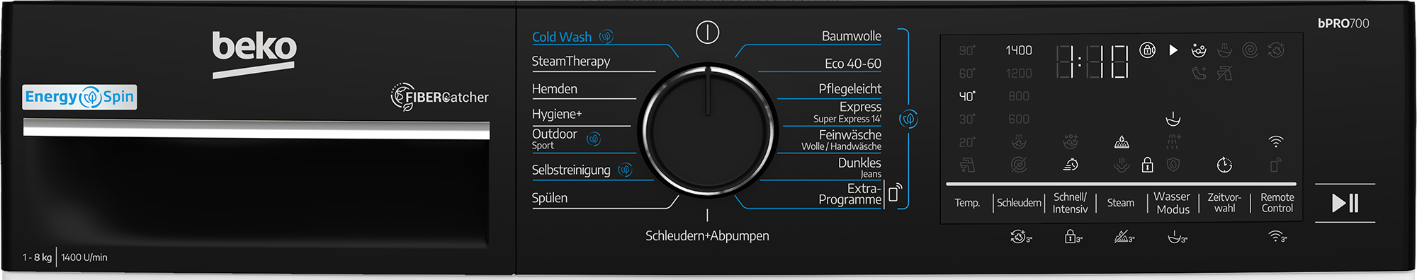 Schwarzes Waschmaschinen-Bedienfeld mit Knöpfen, Drehregler und Digitalanzeige, die Einstellungen und Waschprogramme zeigt.